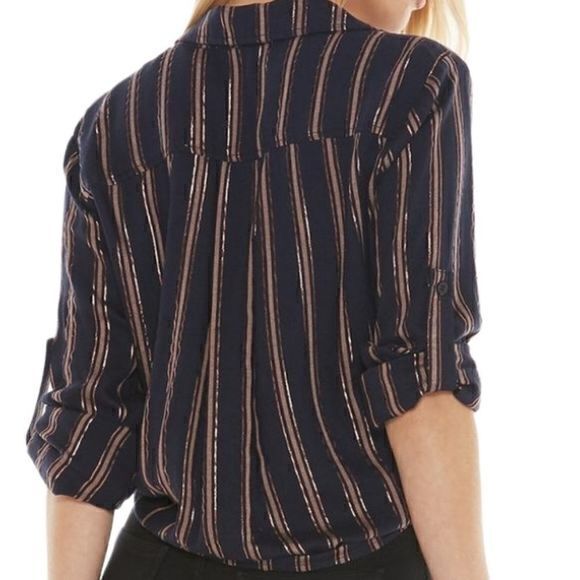 Bella Dahl Shimmer Stripe Tie Waist Open Collar Button Up Blouse Sz L - Picture 4 of 15